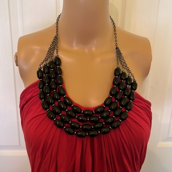 love and love Dresses & Skirts - Red halter mini dress/ tunic with black beaded necklace neckline M